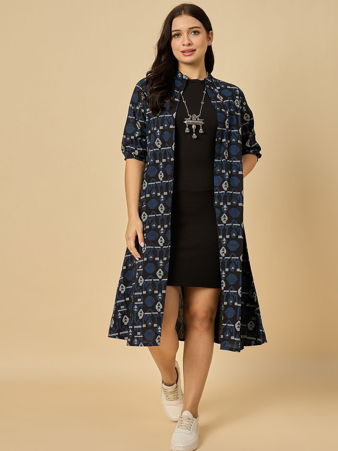 

Azira Geometric Printed Longline Open Front Cotton Shrug, Black