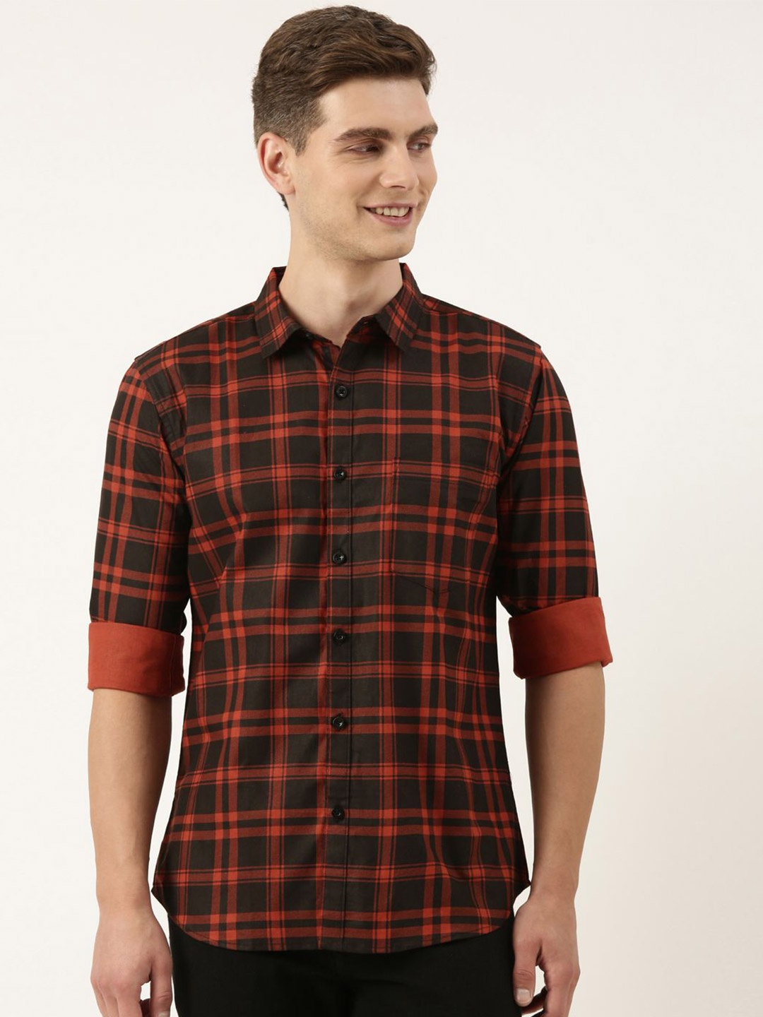 

Metronaut Men Slim Fit Spread Collar Tartan Checked Cotton Casual Shirt, Red