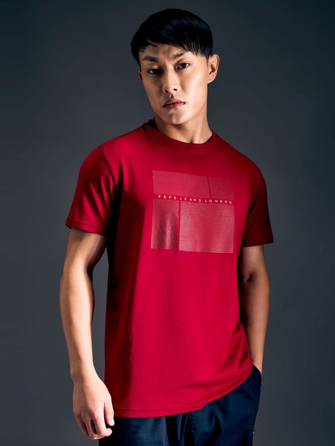 

Pepe Jeans Men Biker Printed Raw Edge Slim Fit T-shirt, Red