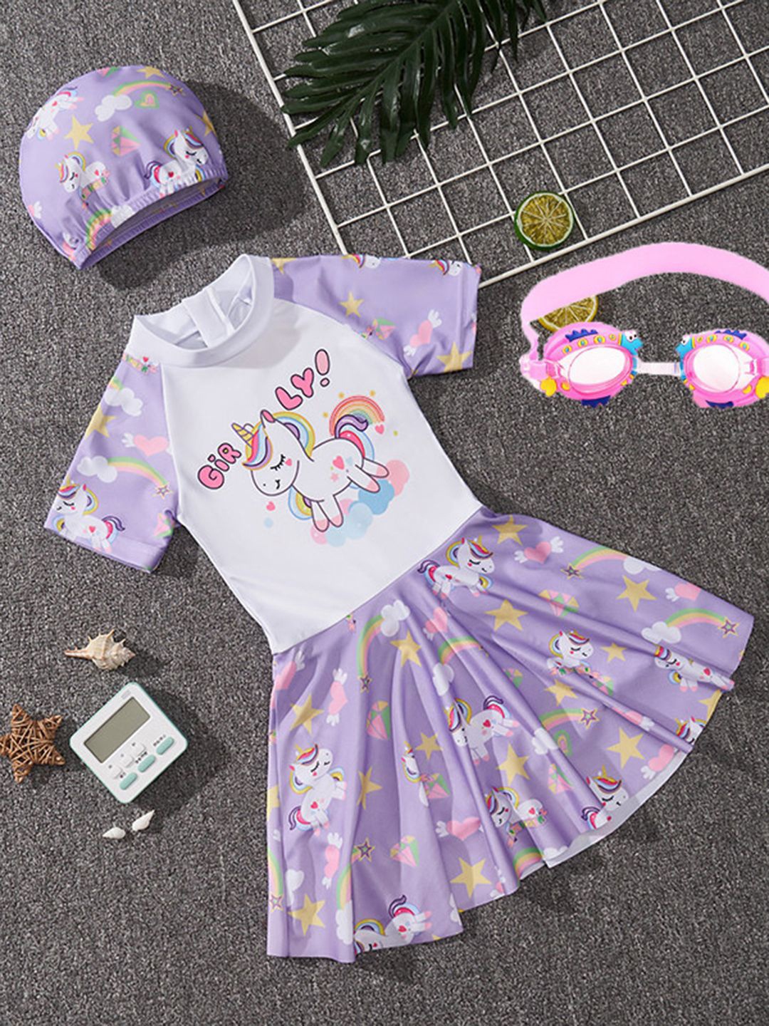

YK Girls Unicorn Printed Swim Dress With Swim Cap, Lavender