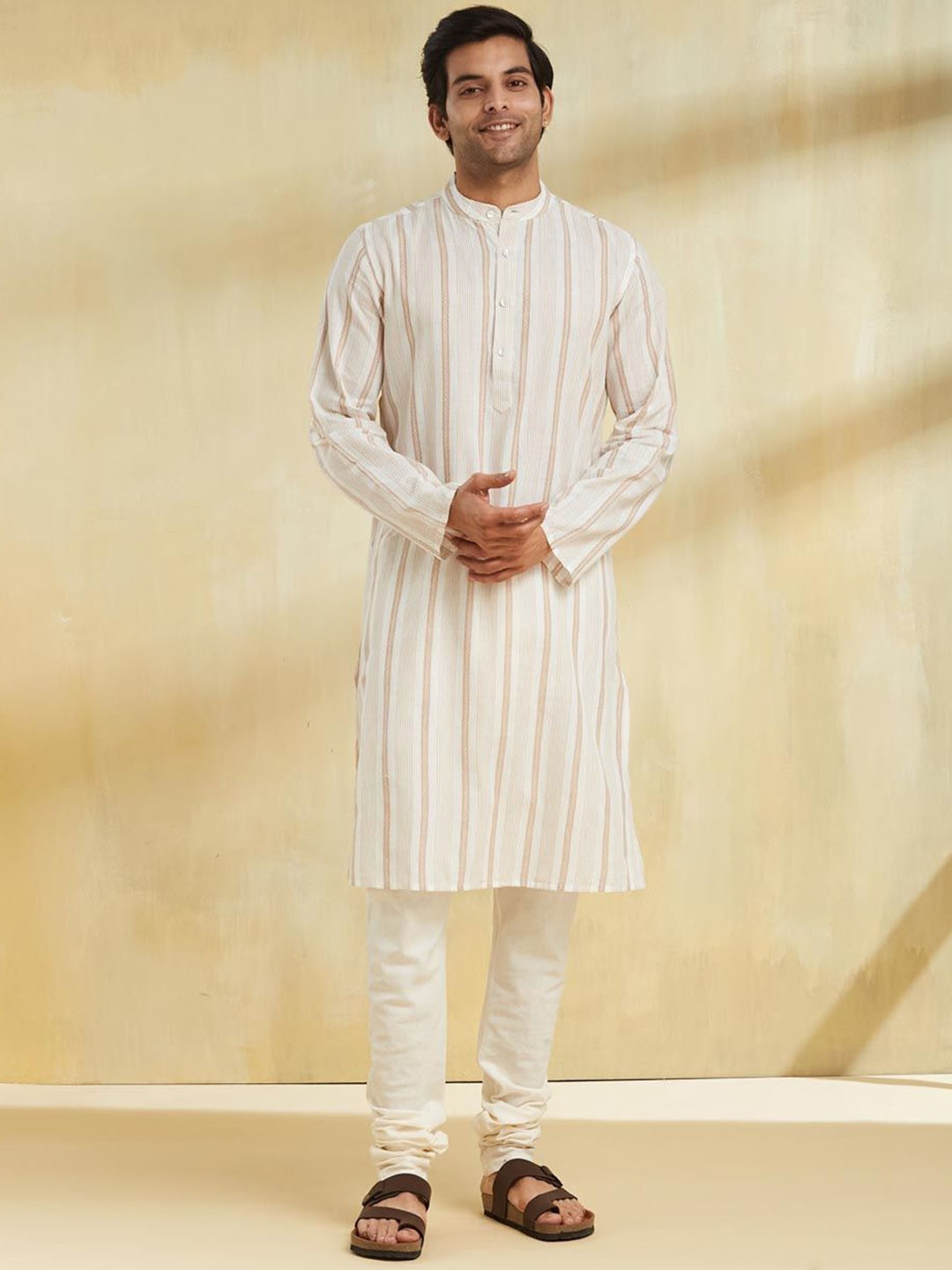 

Fabindia Striped Woven Design Band Collar Cotton Slim Fit Straight Kurta, Beige