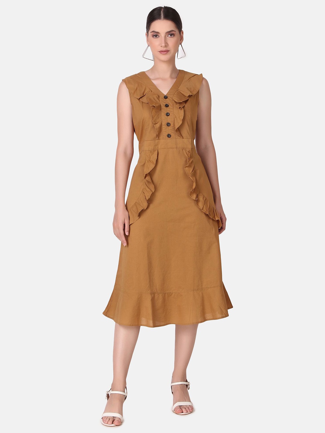 

Pose india Ruffled Satin Fit & Flare Midi Dress, Tan