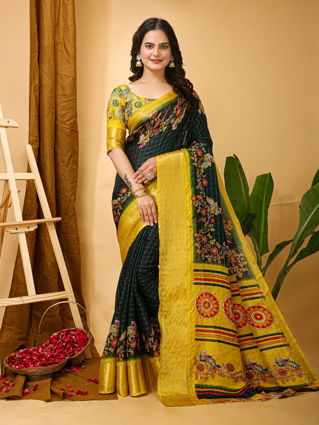 

HI FI NX Kalamkari Checked Zari Banarasi Saree, Green