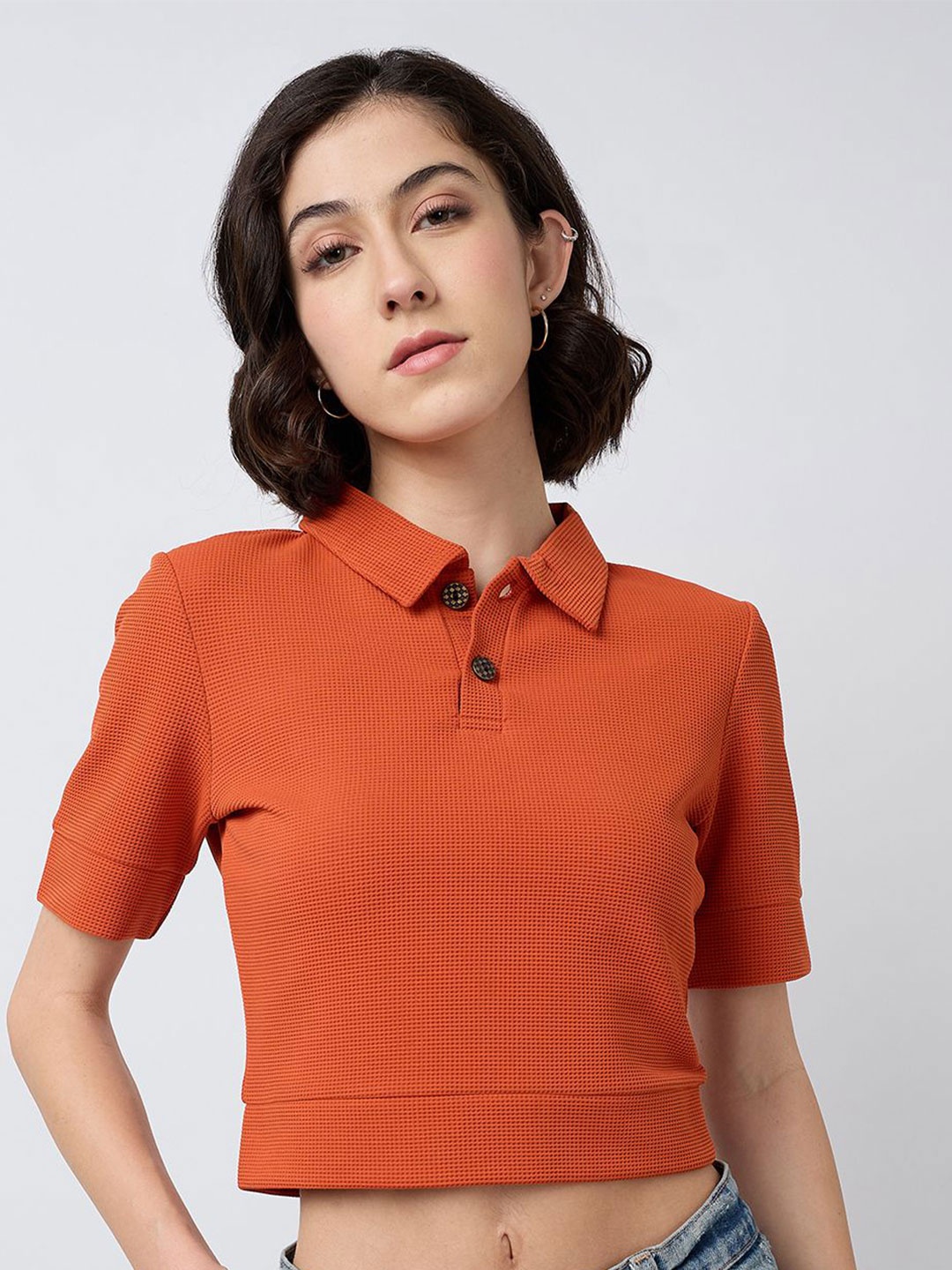 

SZN Women Shirt Collar Solid Top, Orange