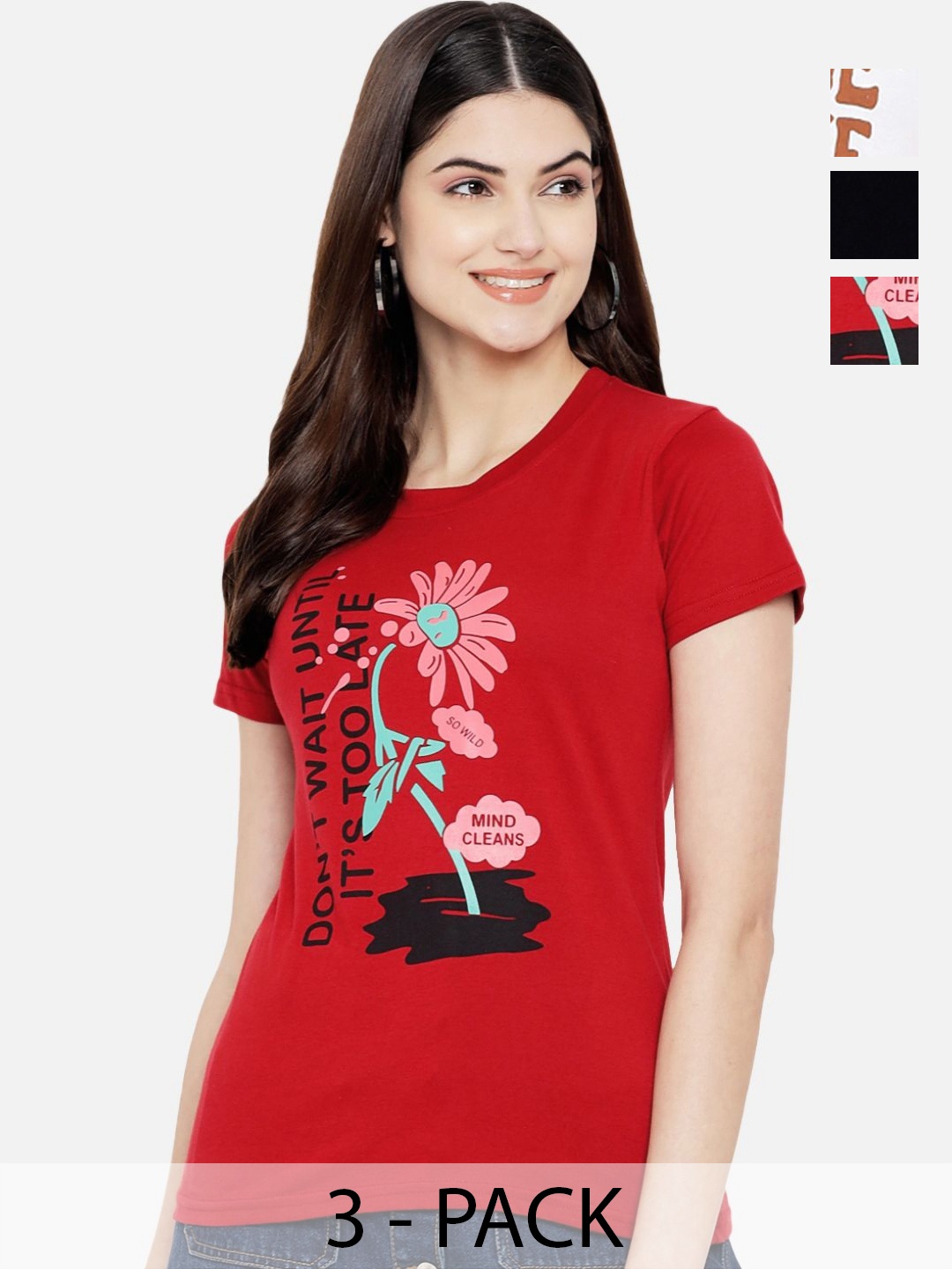

Dreambe Women Pack Of 3 Graphic Printed Round Neck Cotton T-shirts, Red