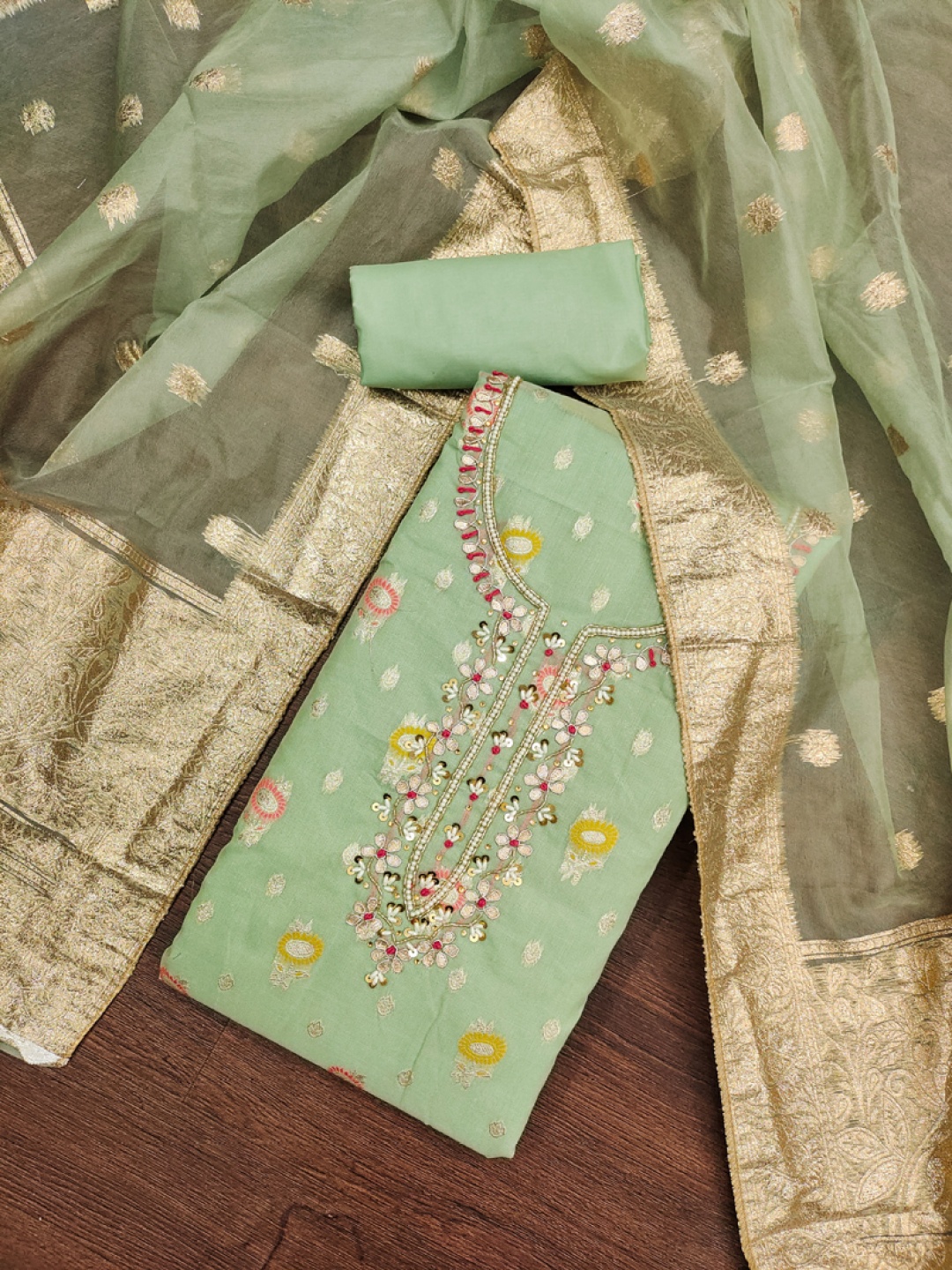 

ASISA Floral Woven Design Beads And Stones Unstitched Dress Material, Sea green