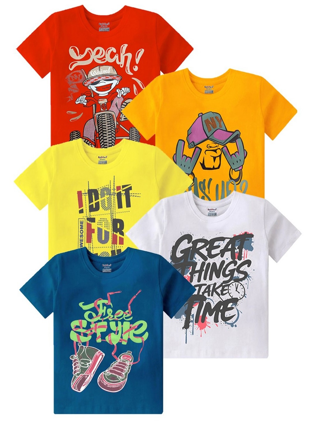 

Kiddeo Boys Pack Of 5 Graphic Printed Round Neck Cotton T-shirts, White