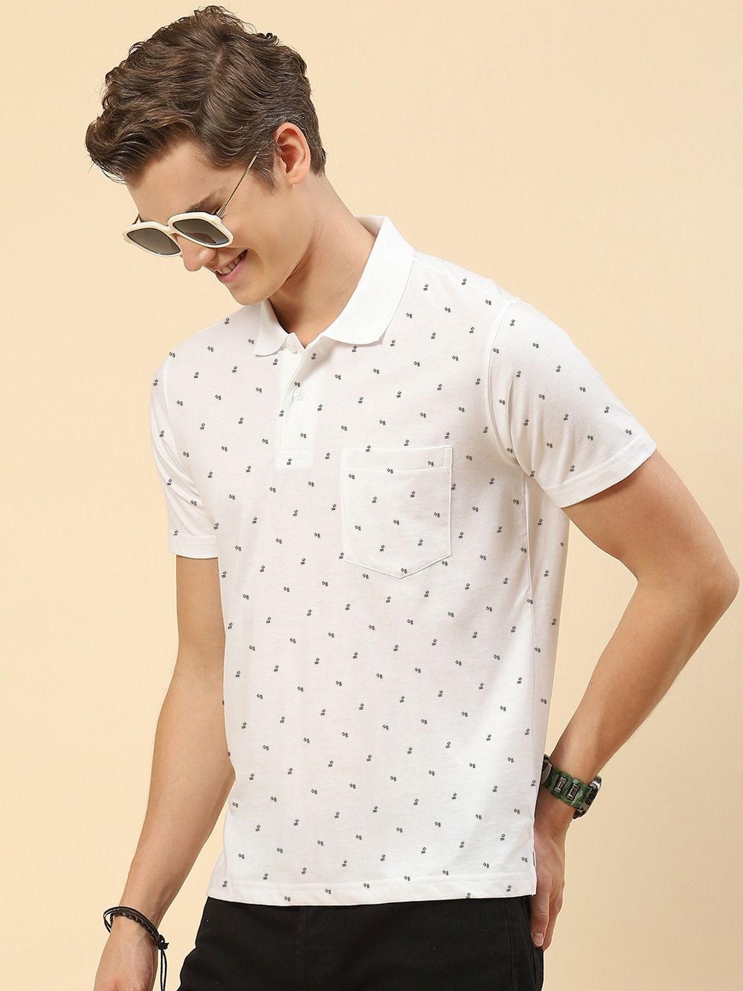 

MERRIMENT Men Conversational Printed Polo Collar Cotton T-shirt, White