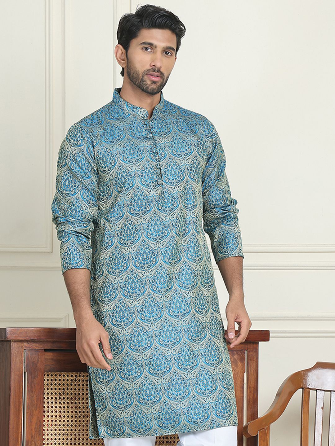 

Jompers Men Paisley Jacquard Kurta, Blue