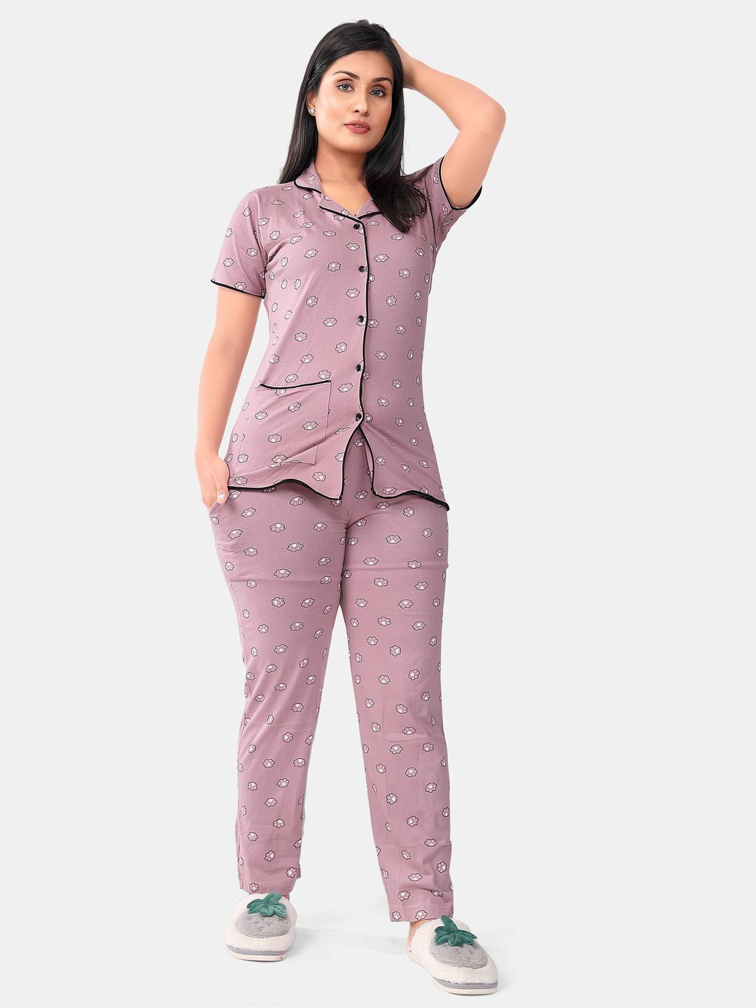 

SWEET MOON Printed Shirt With Pyjama Night suit, Lavender