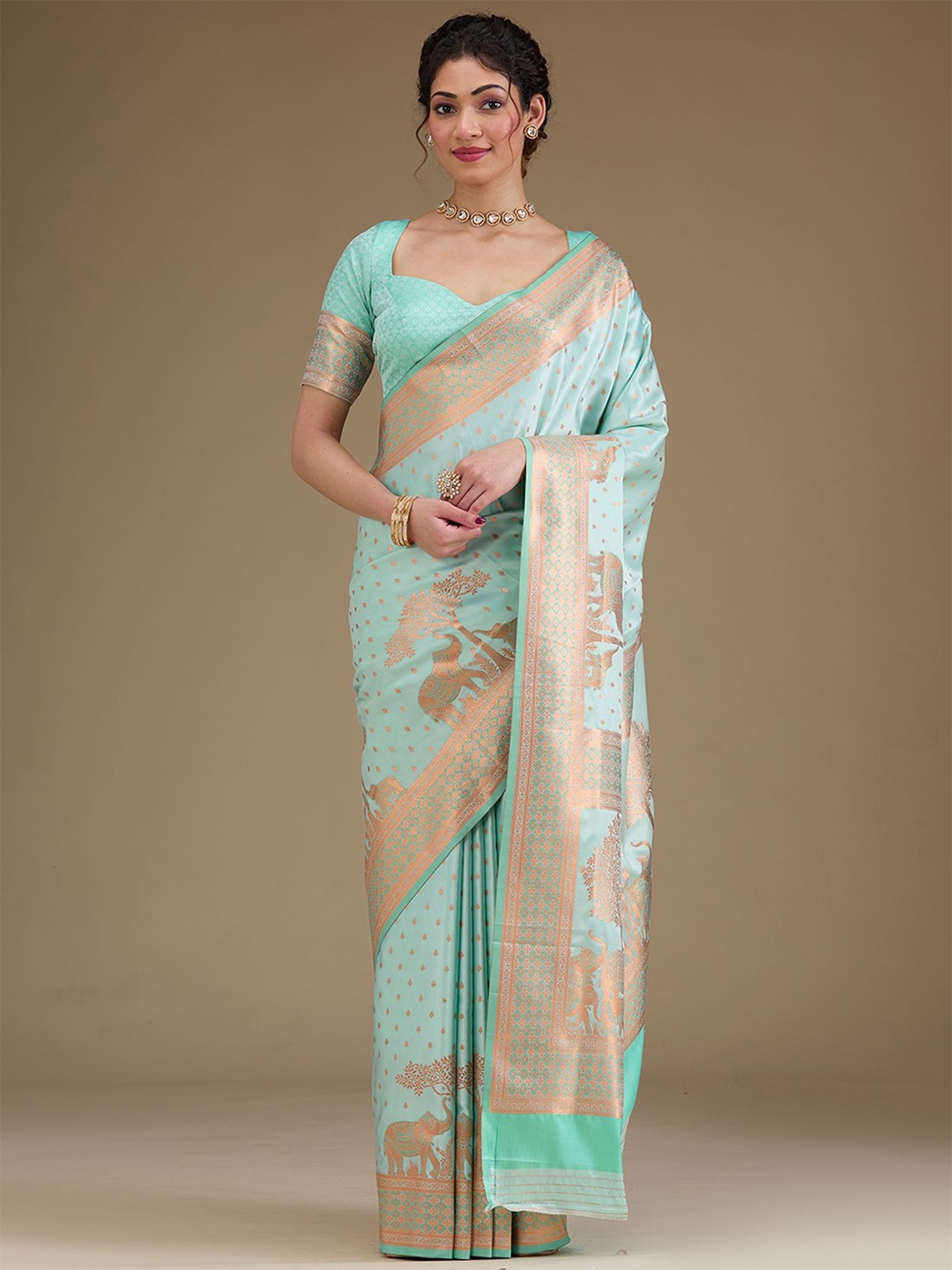 

Koskii Woven Design Zari Satin Saree, Turquoise blue