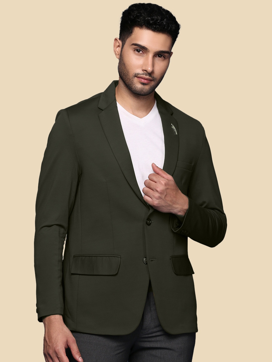 

SHOWOFF Notched Lapel Collar Slim-Fit Cotton Single Breasted Formal Blazer, Green