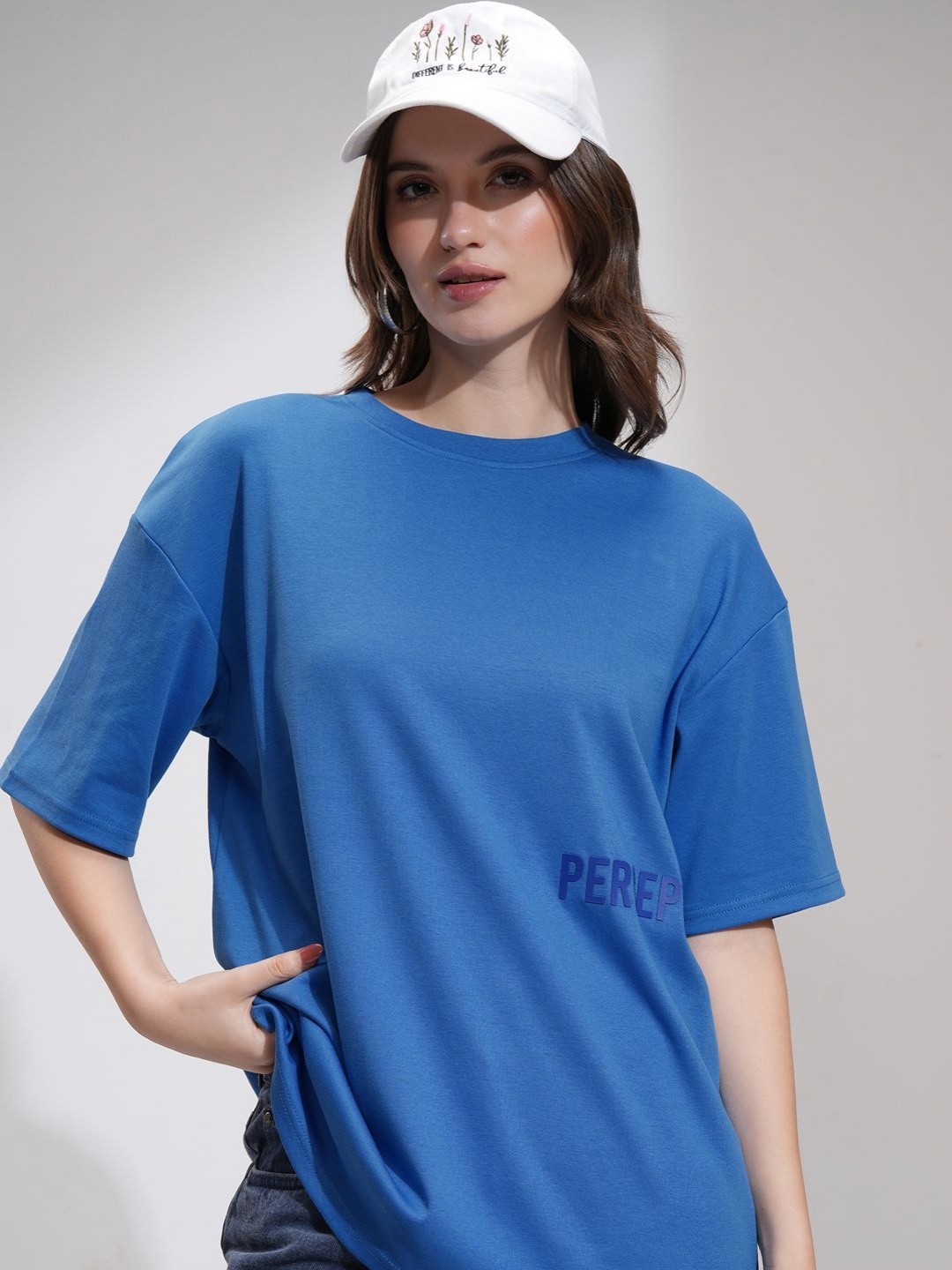 

Tokyo Talkies Women Solid Embossed Oversized T-Shirt, Blue