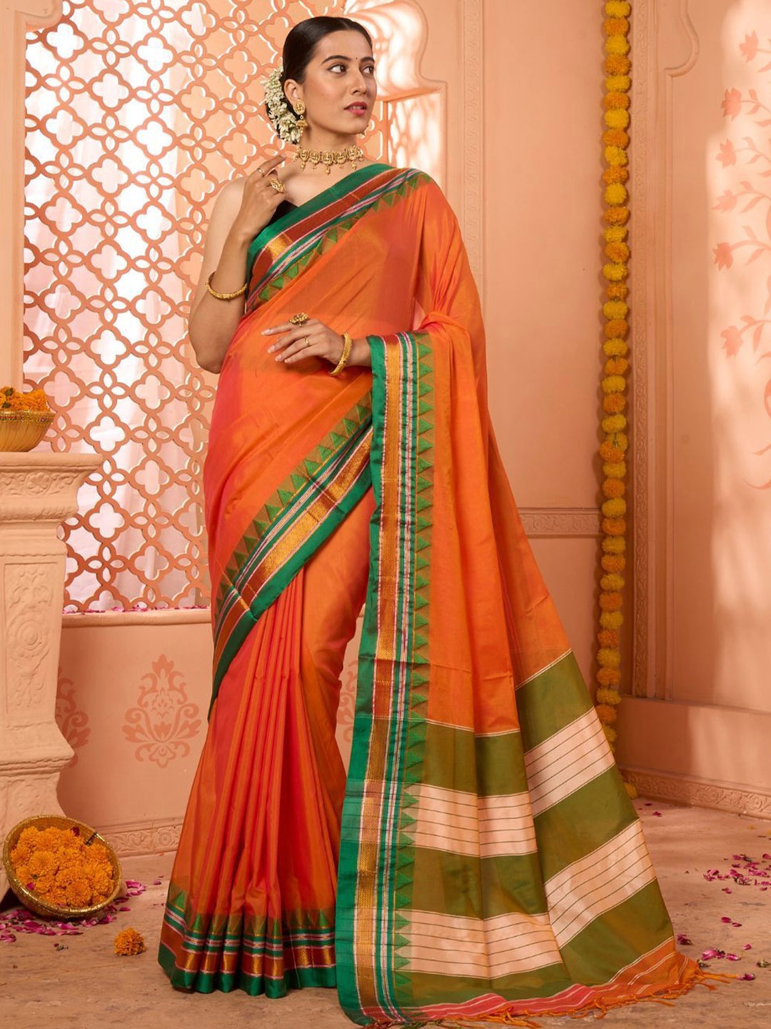 

NITARAA Woven Design Zari Ilkal Saree, Orange