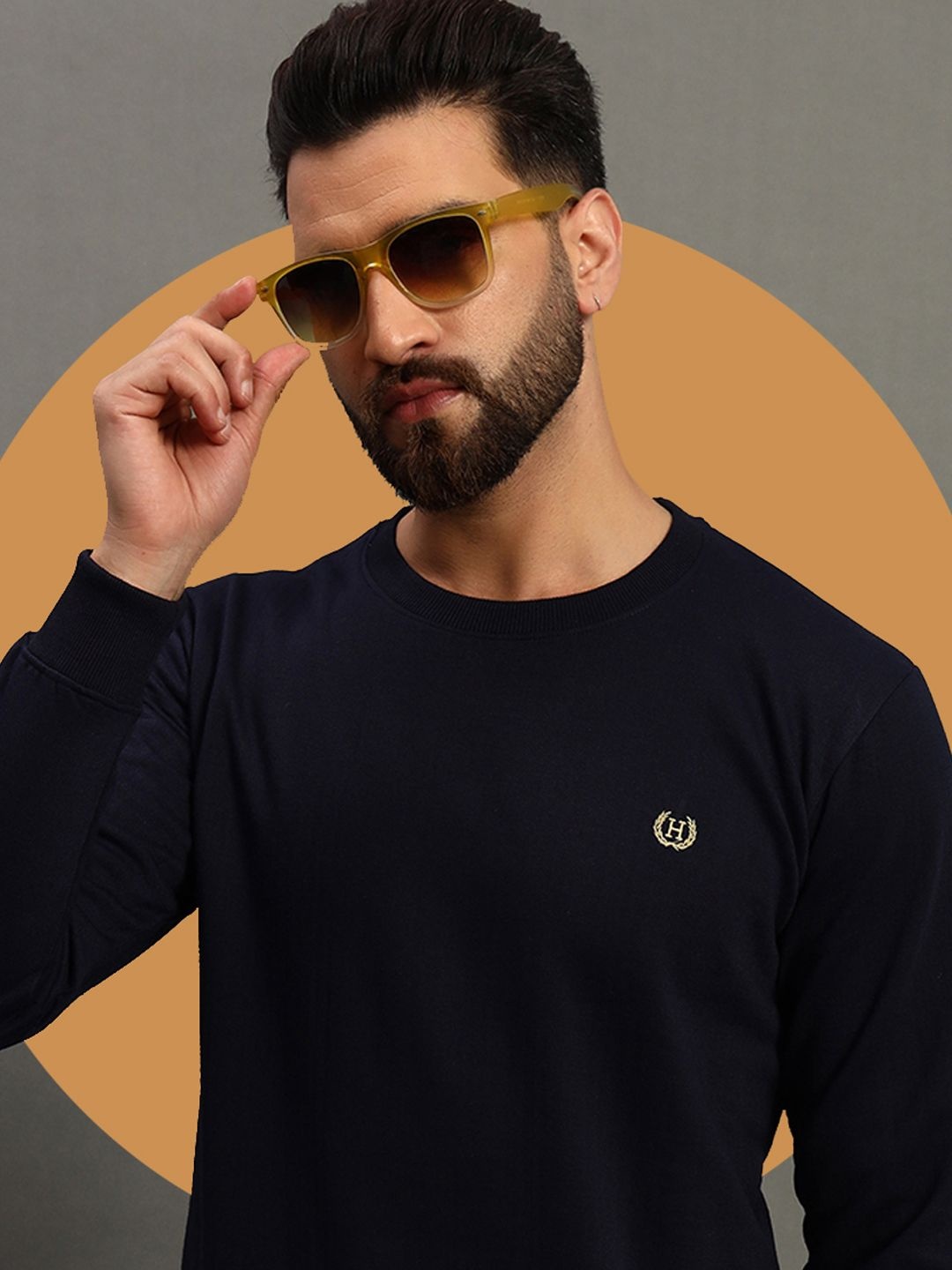 

HUSHBUCKS Men Round Neck Long Sleeves Pullover Sweatshirt, Navy blue