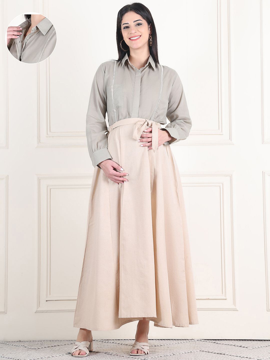 

Moms Maternity Shirt Collar Organic Cotton Shirt And Skirt, Grey