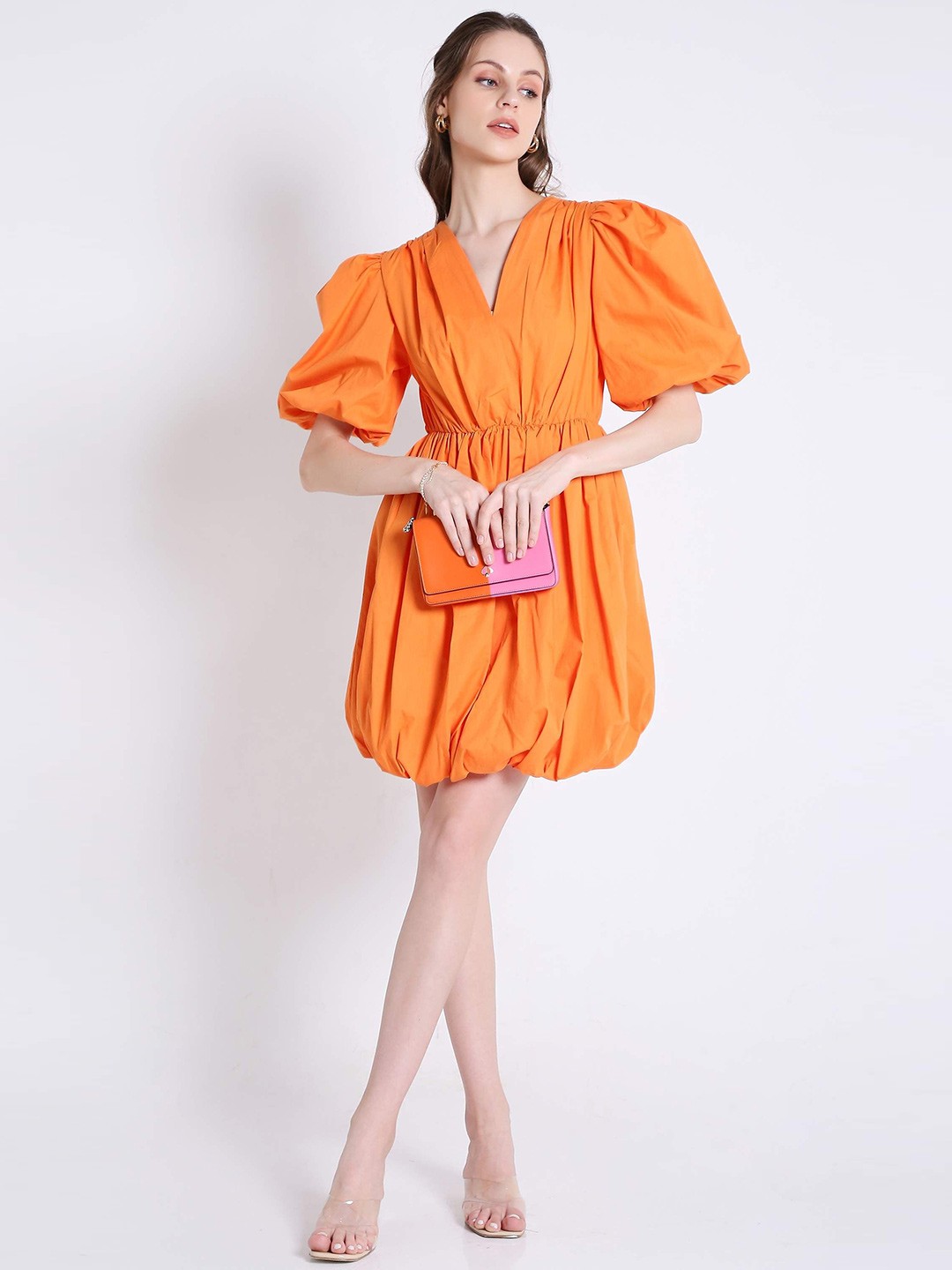 

French Theory Women Puff Sleeve Mini Dress, Orange