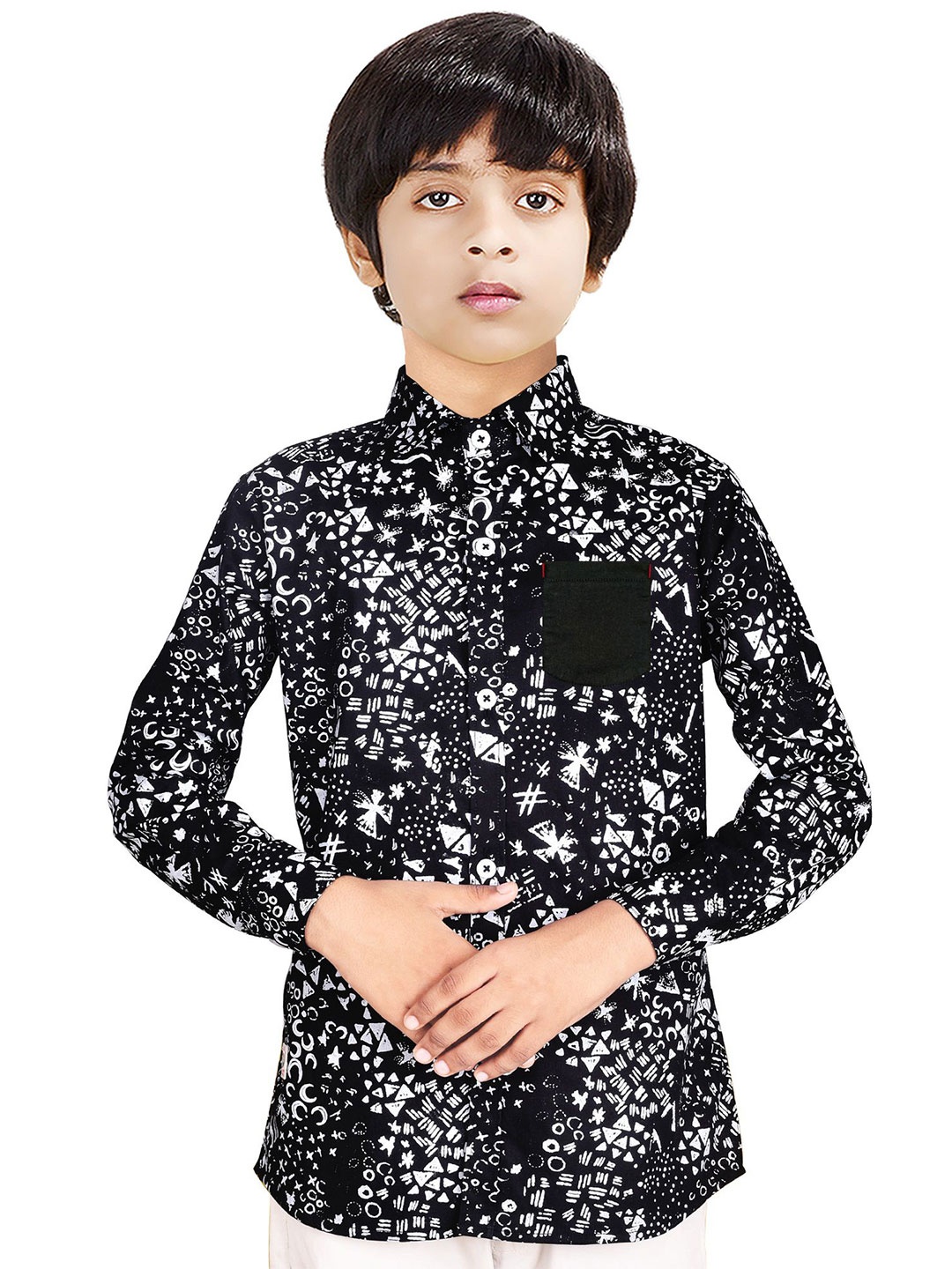 

MADE IN THE SHADE Boys Spread Collar Geometric Printed Cotton Casual Shirt, Black