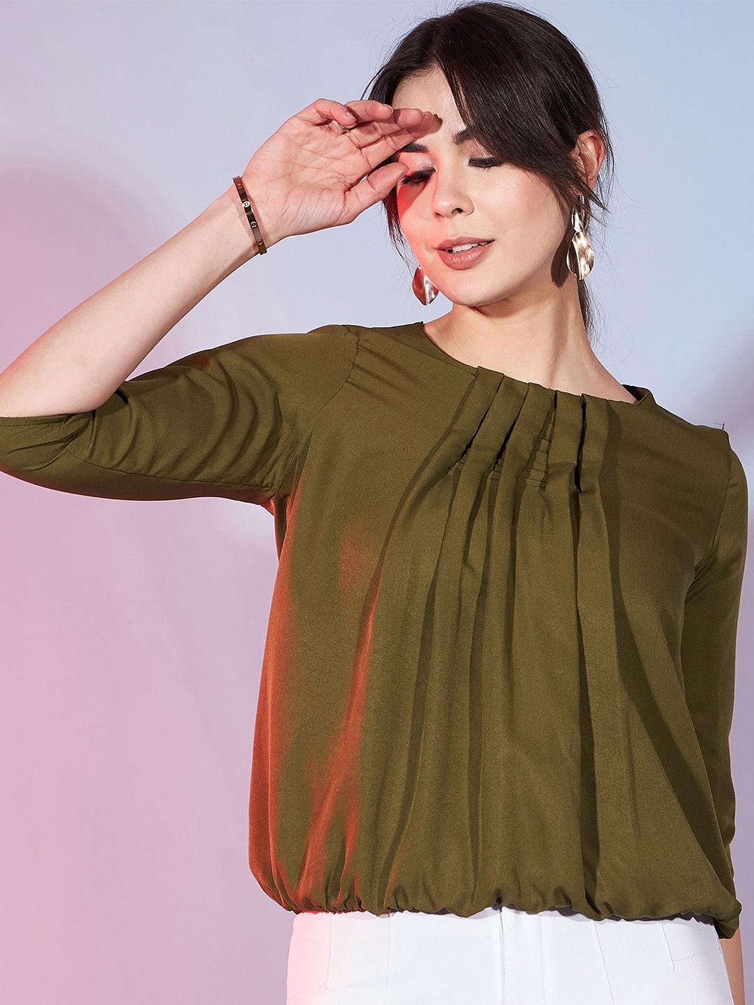 

DressBerry Puff Sleeve Blouson Top, Olive