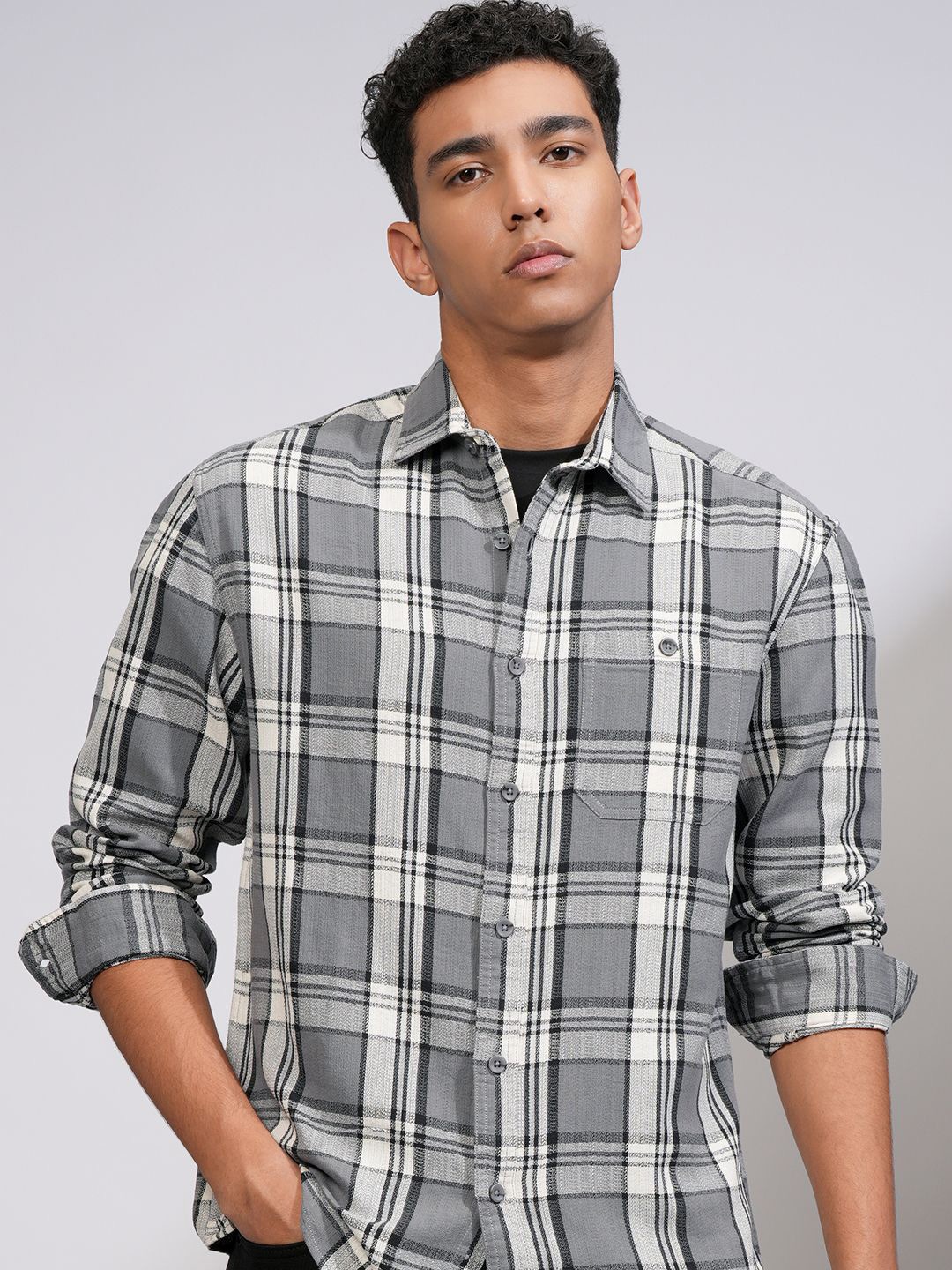 

HIGHLANDER Men Relaxed Fit Spread Collar Tartan Checked Cotton Casual Shirt, Grey