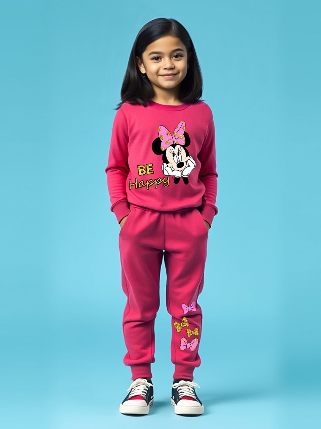 

Disney By Miss and Chief Girls Minnie Mouse Printed Pure Wool Sweatshirt With Joggers, Pink