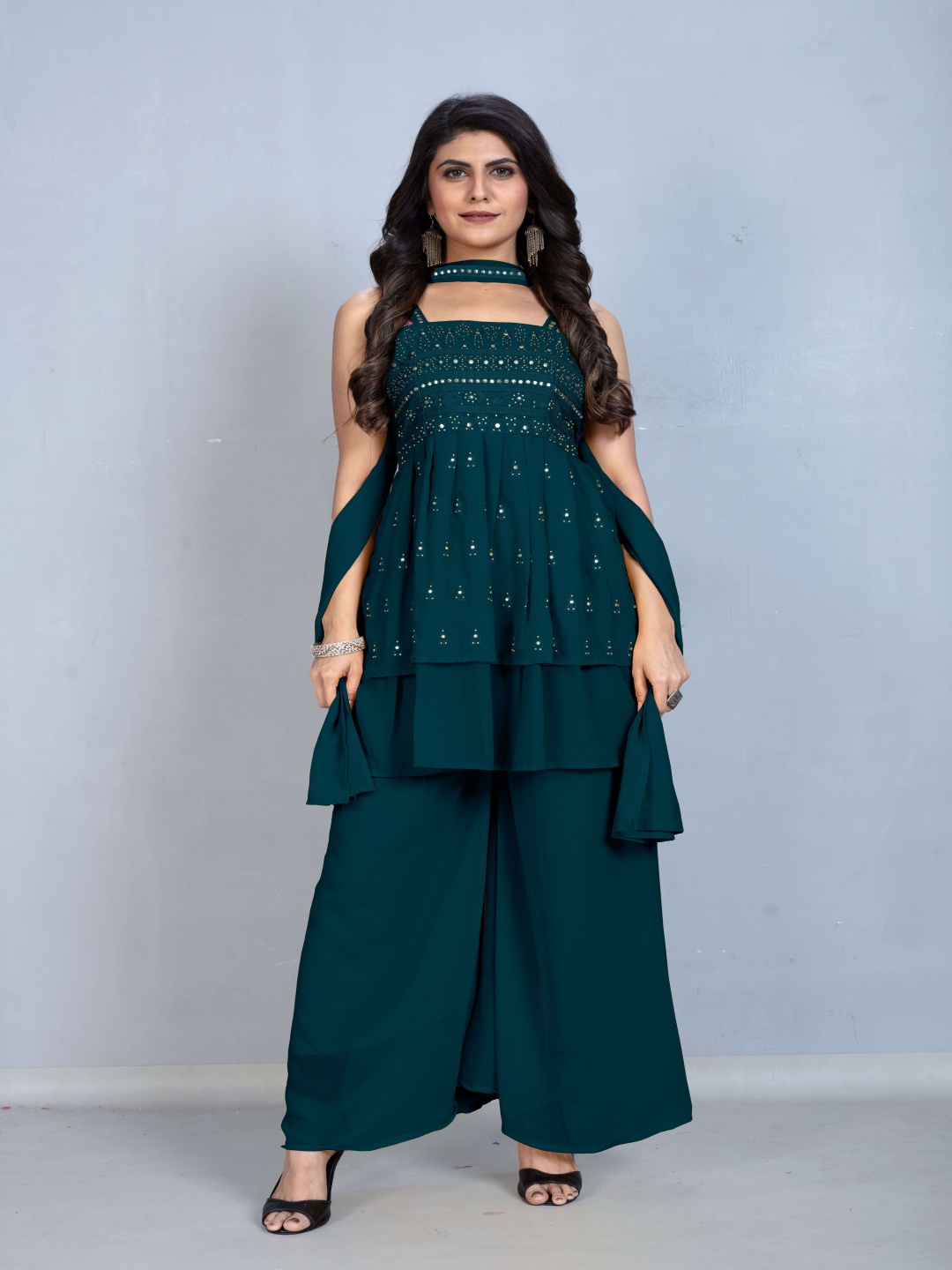 

SANCIA Floral Embroidered Shoulder Straps Georgette A-Line Kurti With Palazzo & Dupatta, Teal