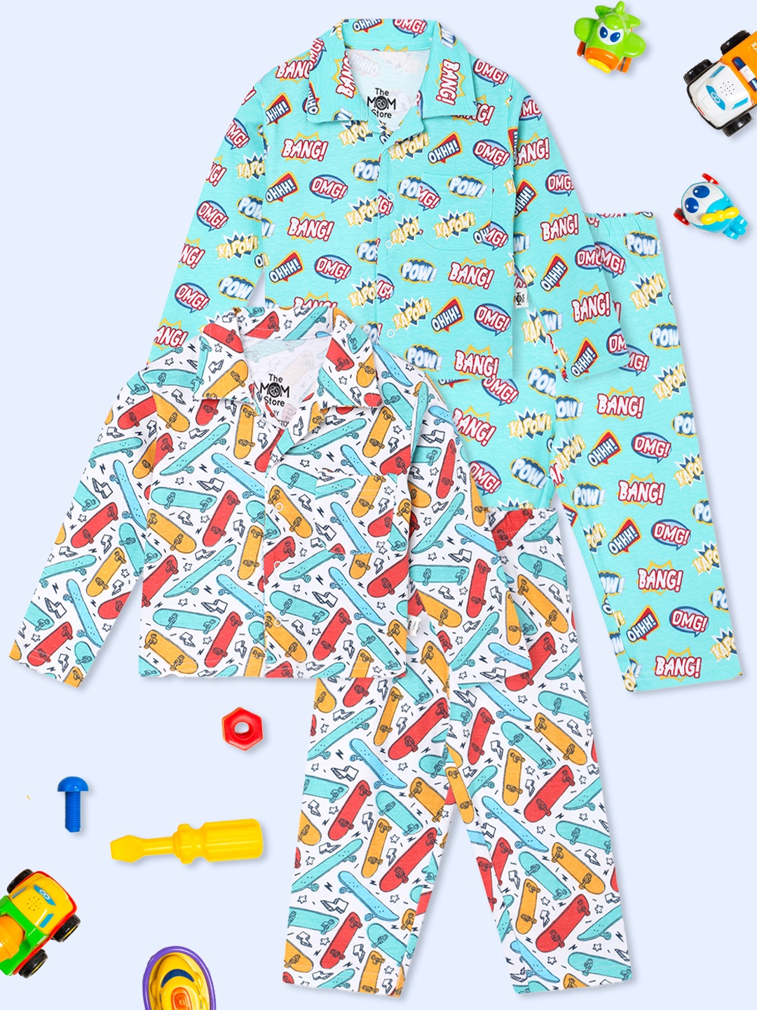 

The Mom Store Kids Pack Of 2 Abstract Printed Pure Cotton Night suit, Blue