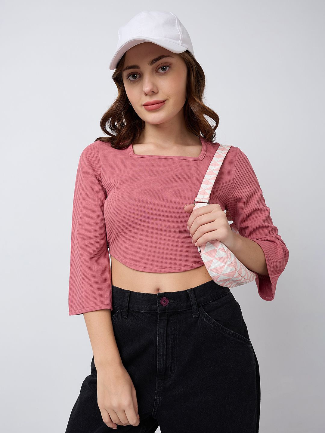 

SZN Women Cotton Self Design Square Neck Crop Top, Mauve