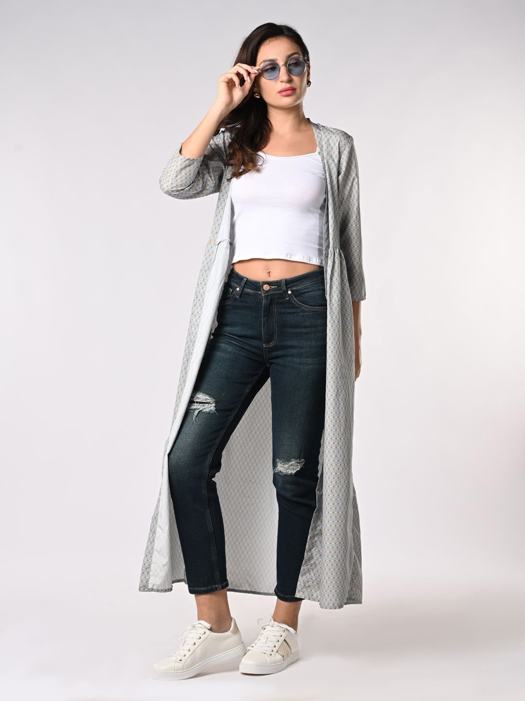 

Iti Geometric Printed Gathered Longline Open Front Shrug, Grey