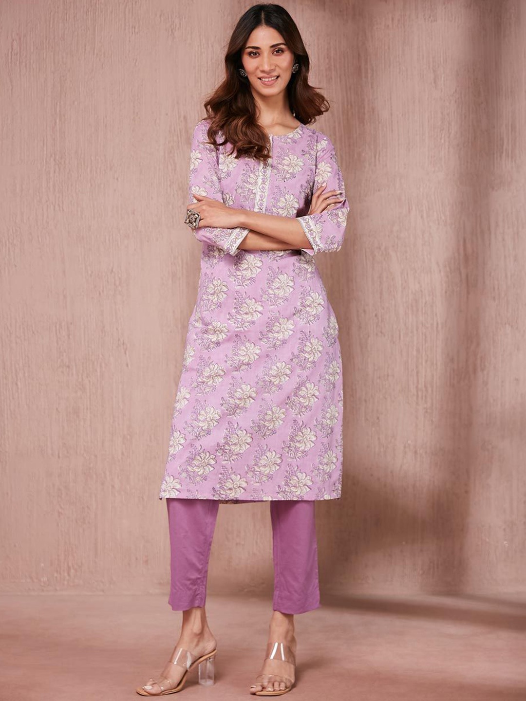 

Fabindia Floral Block Printed Cotton Straight Kurta, Lavender
