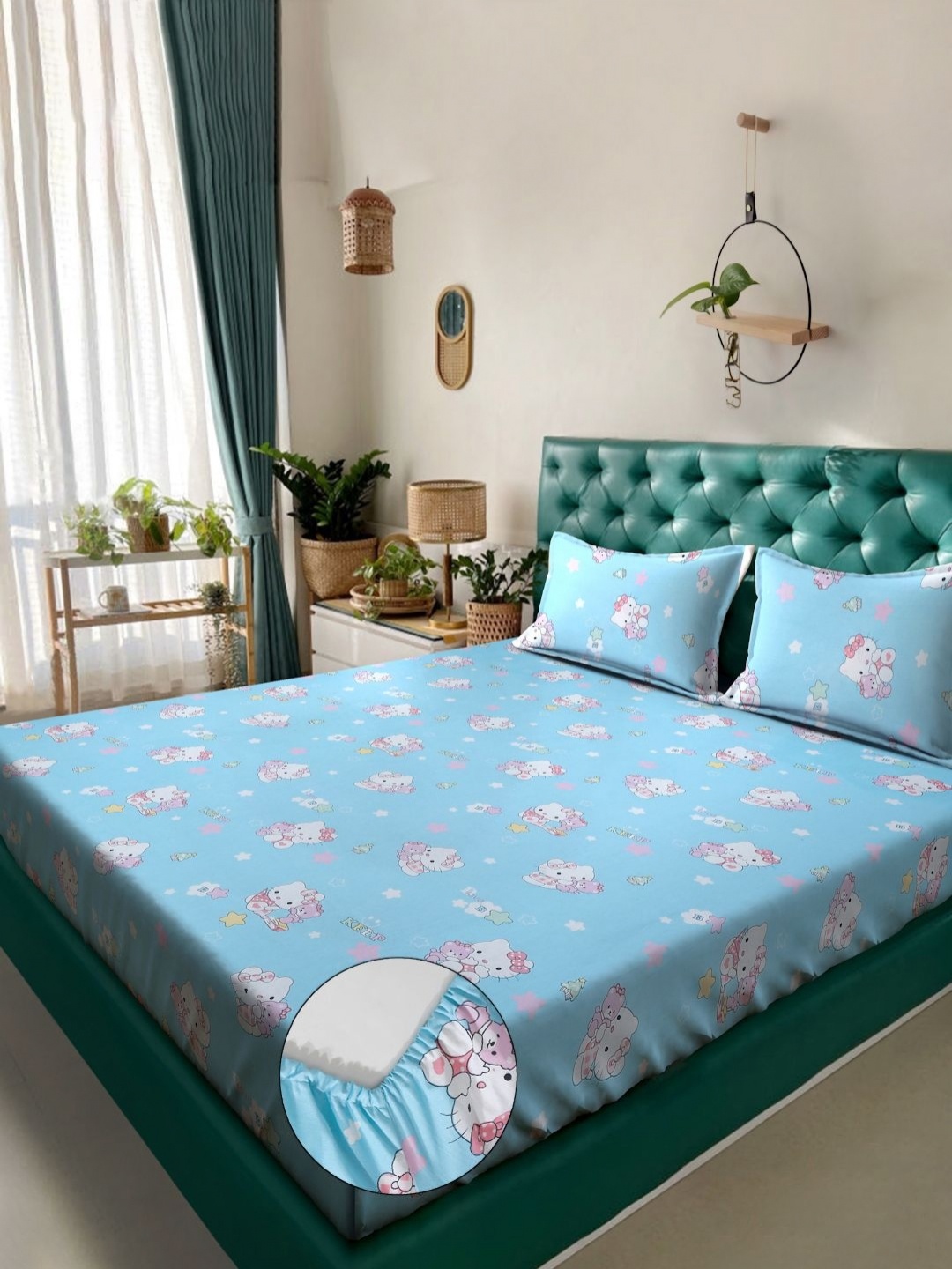 

KLOTTHE Sky Blue Cartoon Printed Fitted 400TC Cotton King Bedsheet With 2 Pillow Covers