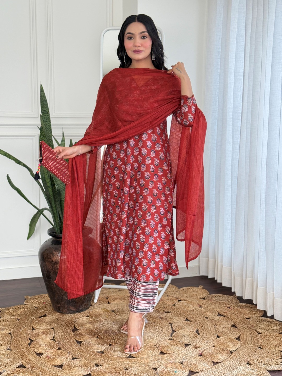

KALINI Floral Printed V-Neck Straight Pure Cotton Kurta With Trousers And Dupatta, Rust