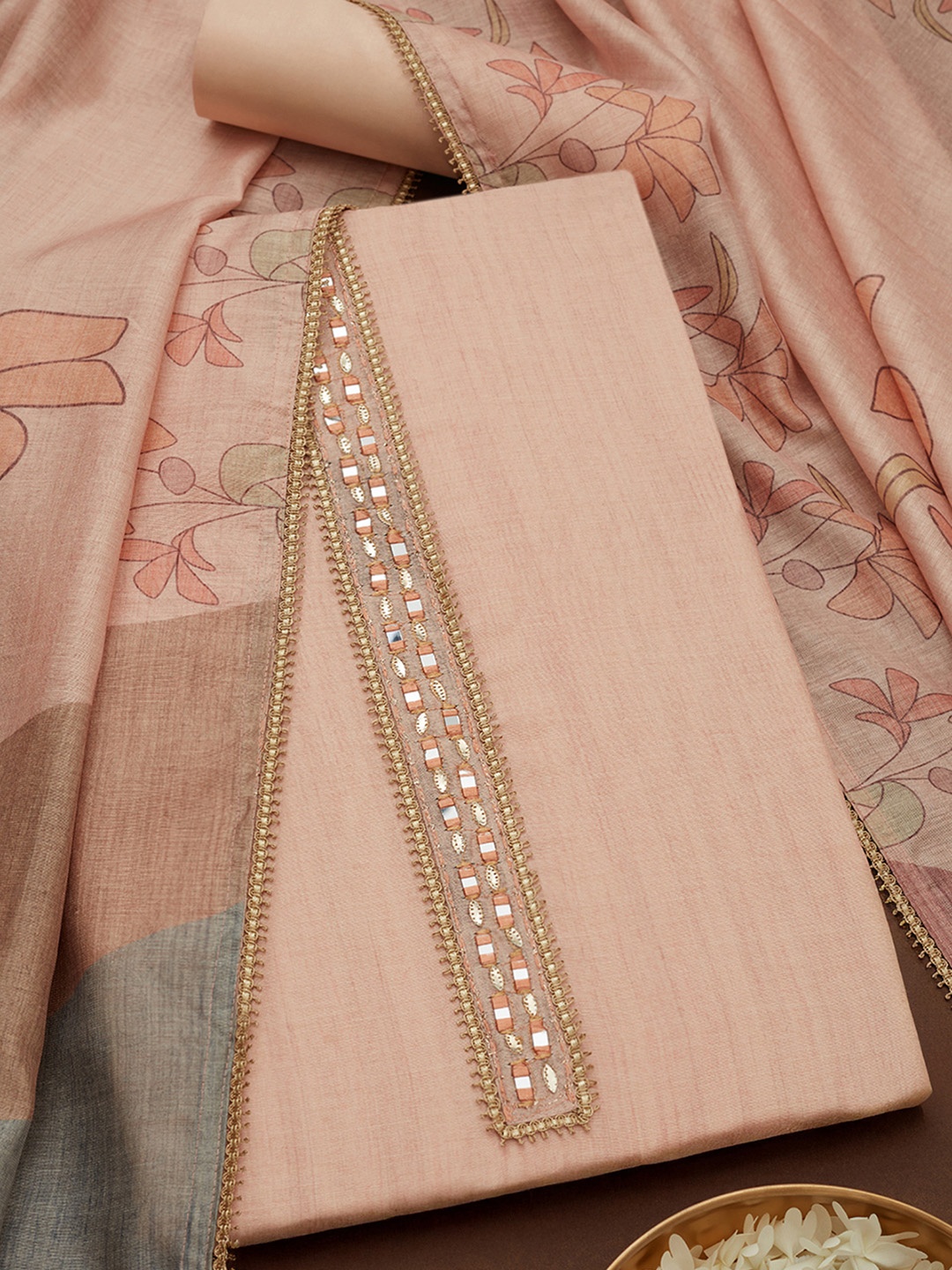

Soch Floral Embroidered Mirror Work Chanderi Unstitched Dress Material, Peach