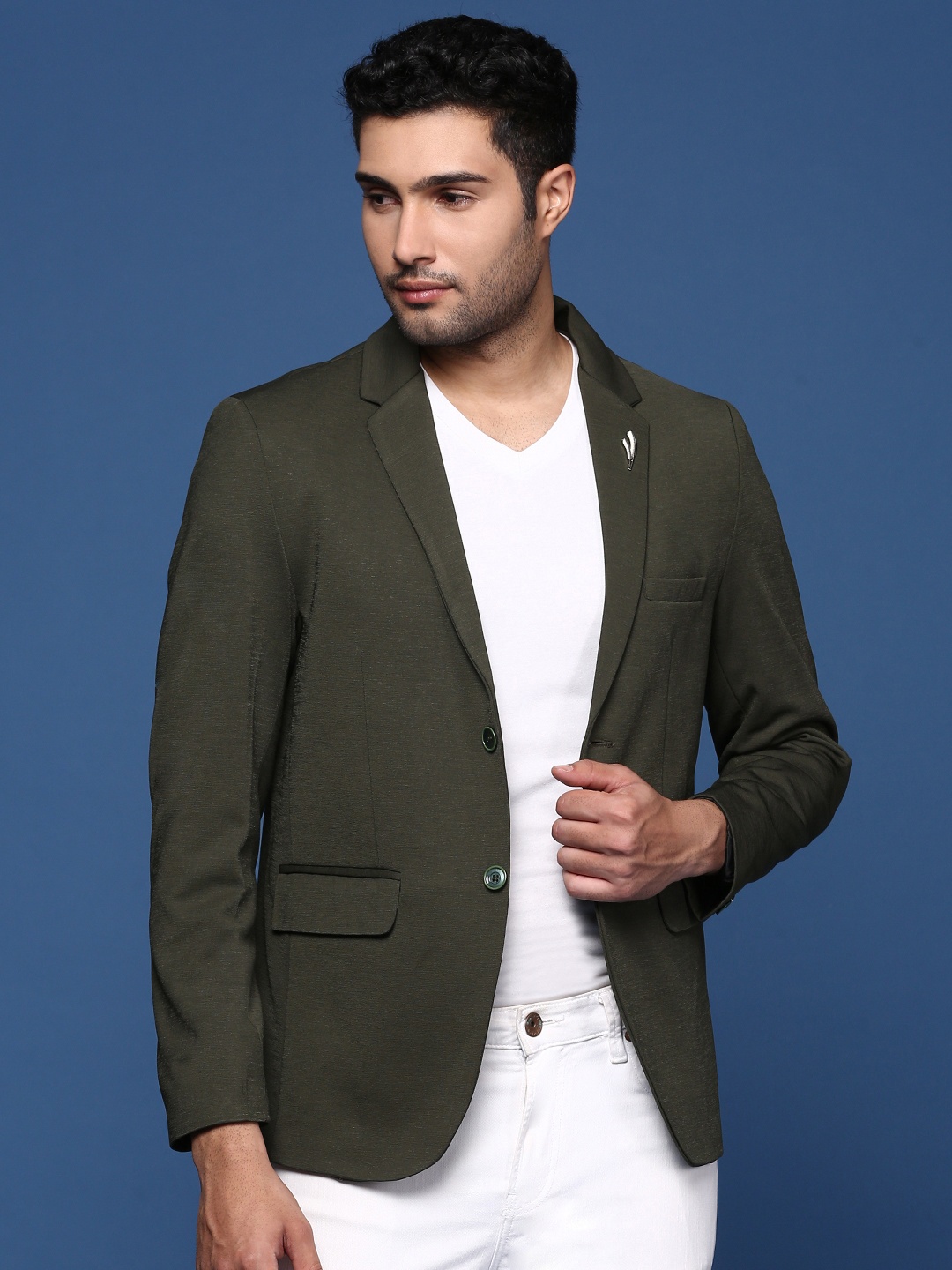 

SHOWOFF Cotton Slim Fit Single-Breasted Blazer, Green