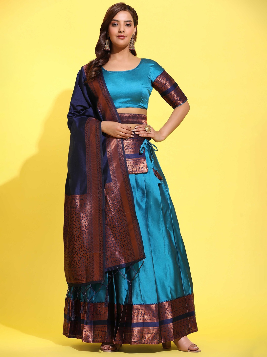 

MAGMINA Woven Design Zari Lichi Silk Unstitched Lehenga With Blouse & Dupatta, Turquoise blue