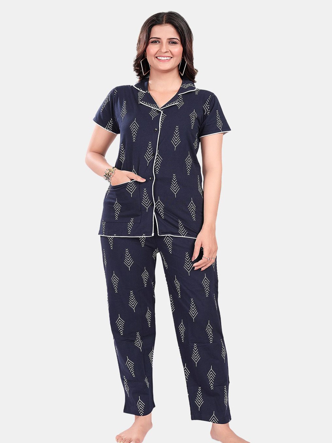 

SWEET MOON Printed Short Sleeves Shirt With Pyjama, Navy blue