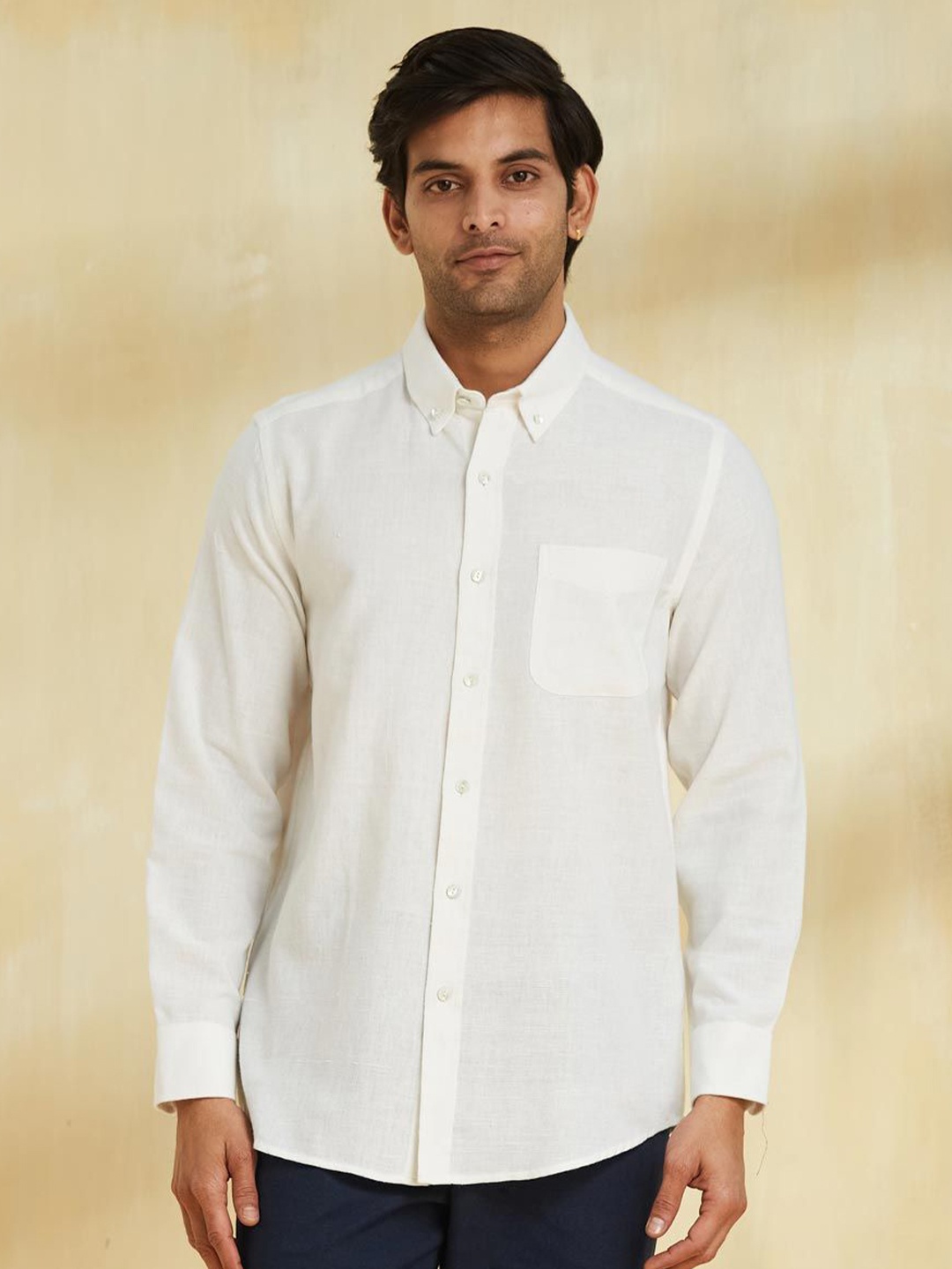 

Fabindia Men Relaxed Fit Button-Down Collar Solid Cotton Casual Shirt, Off white