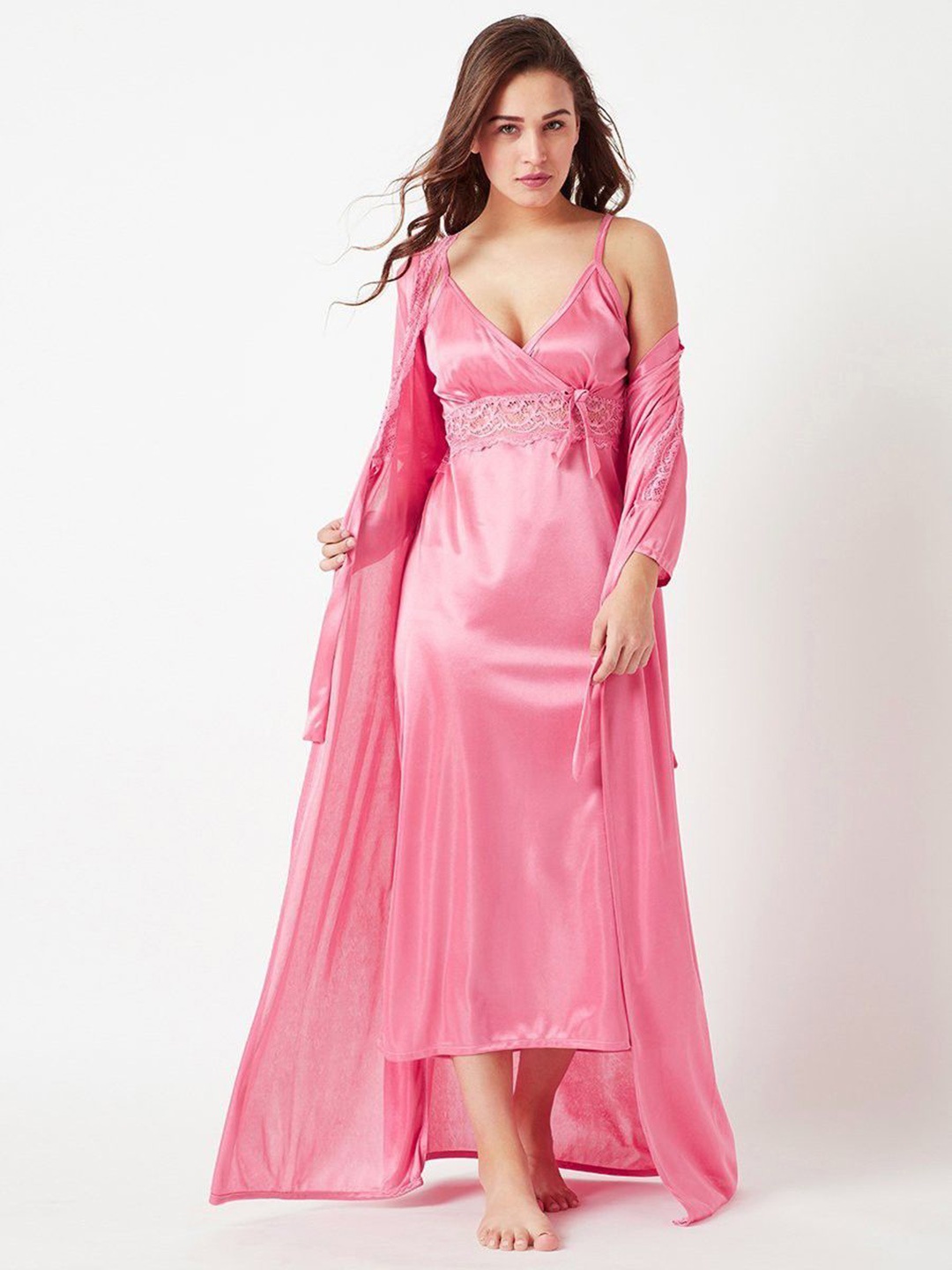 

XPIOX Women Maxi Satin Nightdress With Robe, Pink