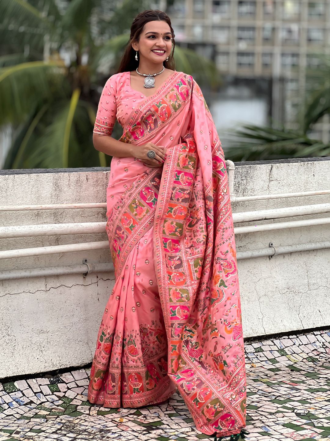 

DIVASTRI Woven Design Pashmina Saree, Pink