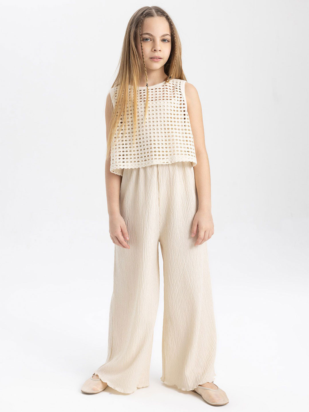 

DeFacto Girls Round Neck Basic Jumpsuit, Cream