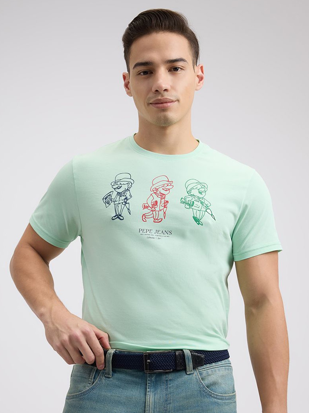 

Pepe Jeans Men Graphic Printed Round Neck Cotton Slim Fit T-shirt, Sea green