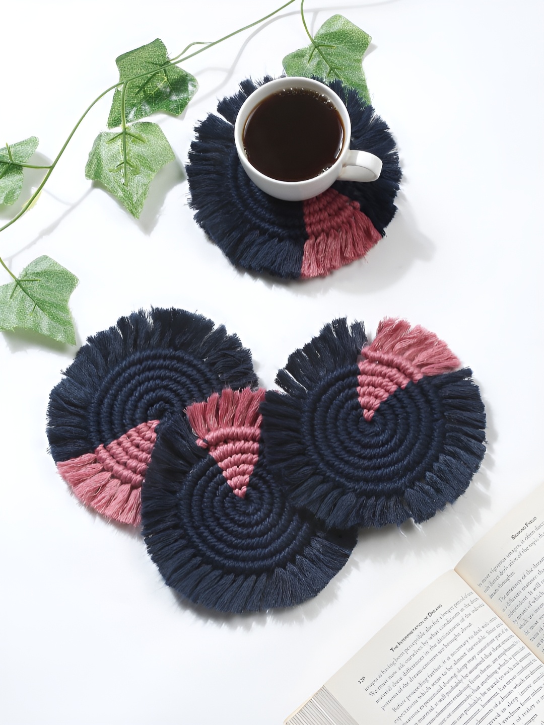 

My Creative Hut Navy Blue & Pink 4Pieces Cotton Round Coasters