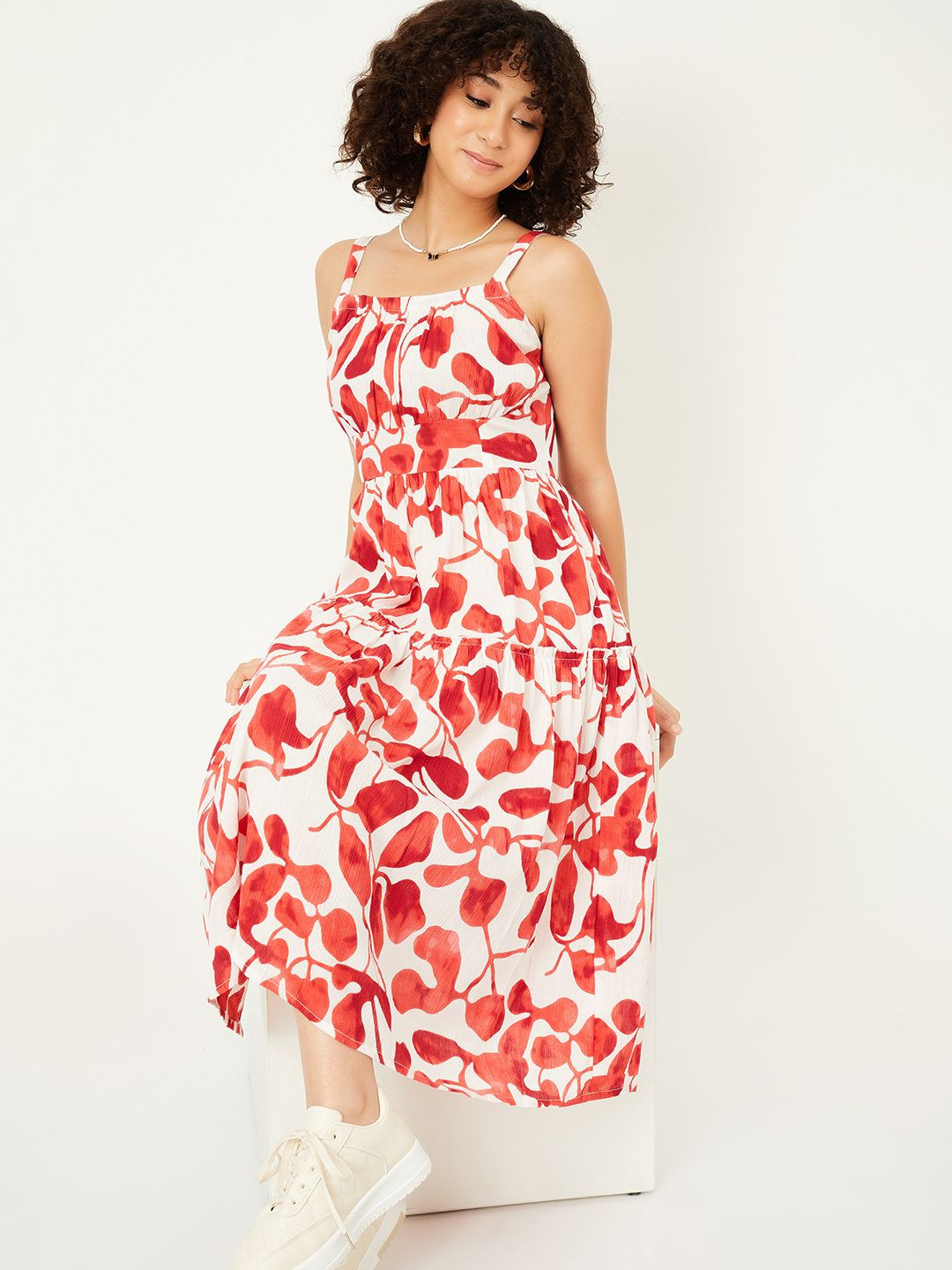 

max Cotton Printed Smocked Fit & Flare Midi Dress, White