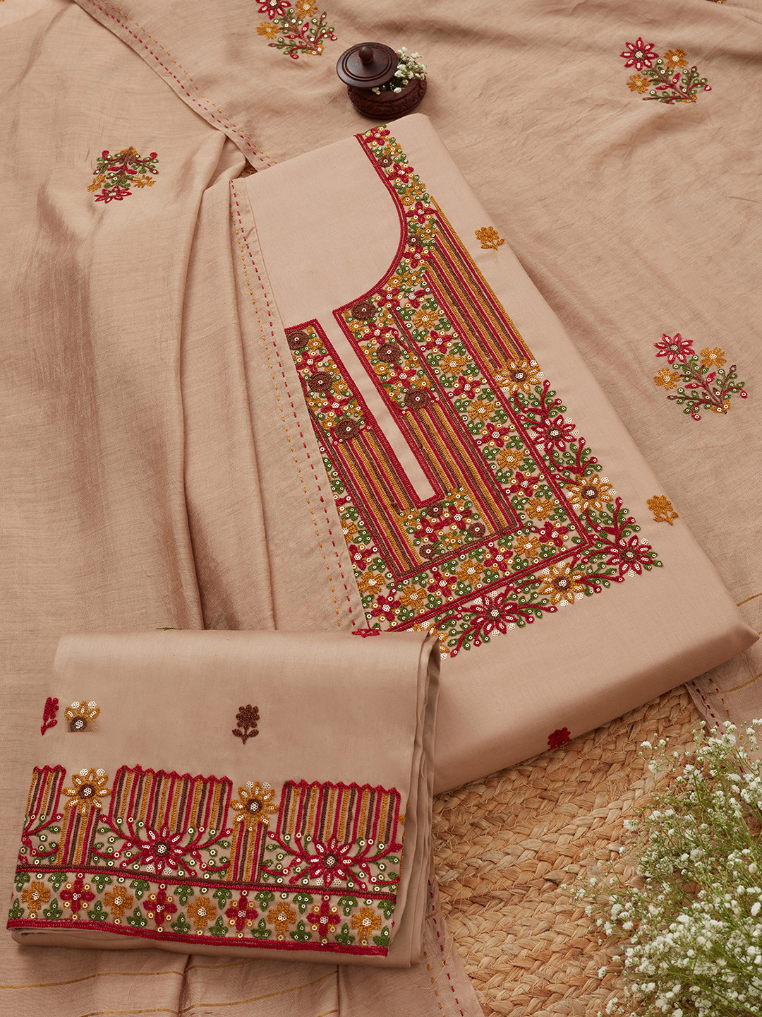 

Soch Floral Embroidered Sequinned Unstitched Dress Material, Beige