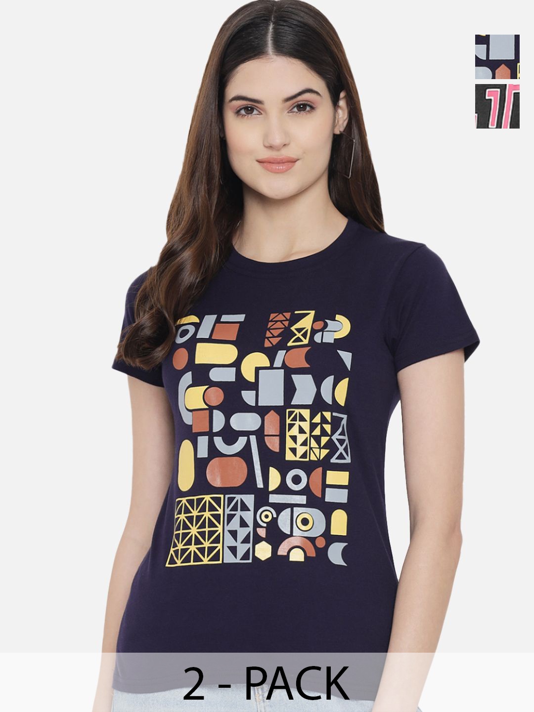 

Dreambe Women Pack Of 2 Typography Printed Round Neck Cotton T-shirts, Navy blue