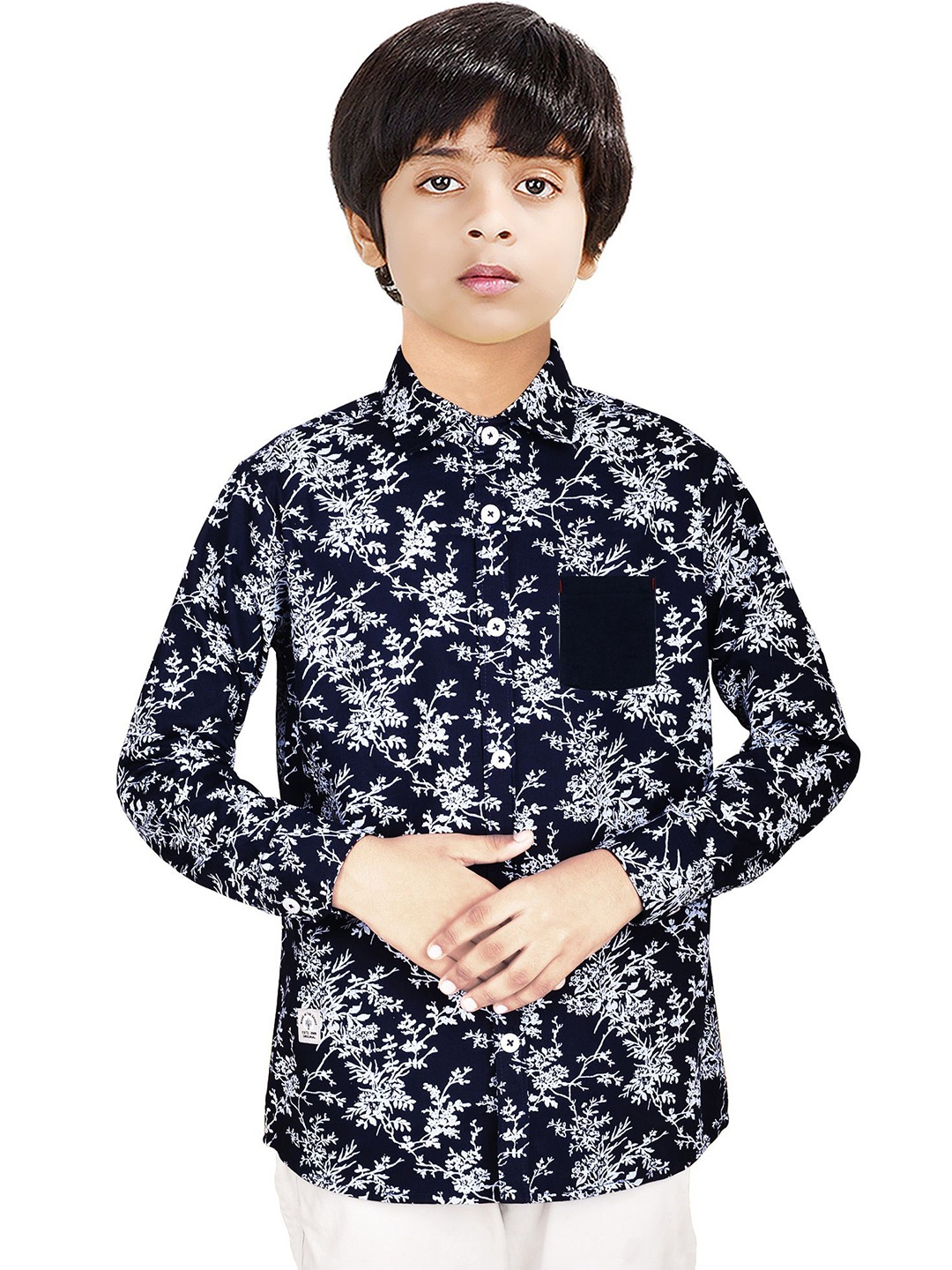 

MADE IN THE SHADE Boys Spread Collar Floral Printed Cotton Casual Shirt, Navy blue