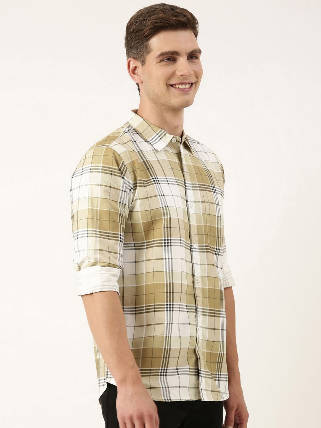 

Metronaut Men Spread Collar Tartan Checked Cotton Casual Shirt, Off white