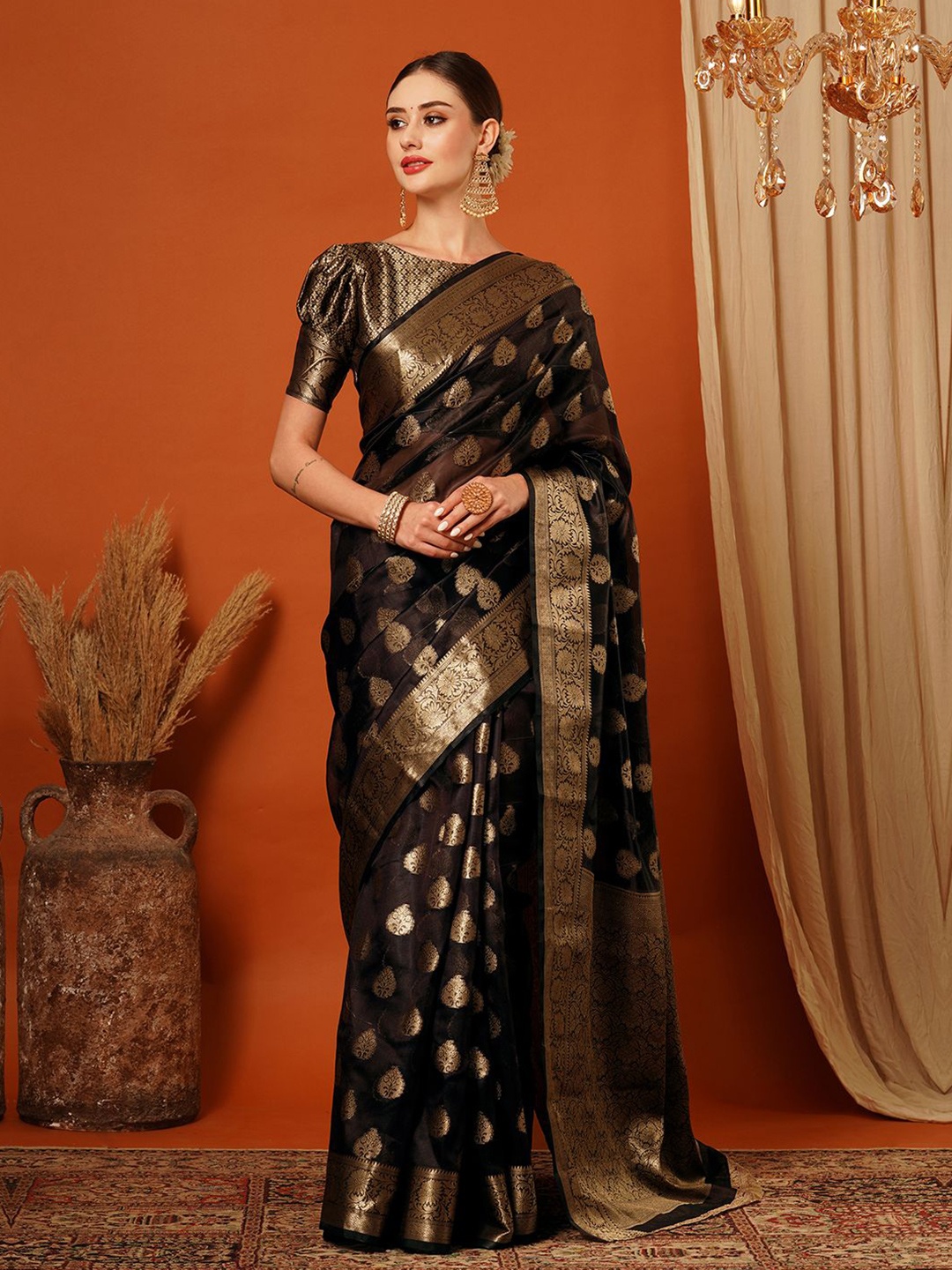 

DIVASTRI Women Woven Design Zari Pure Silk Kanjeevaram Saree, Brown