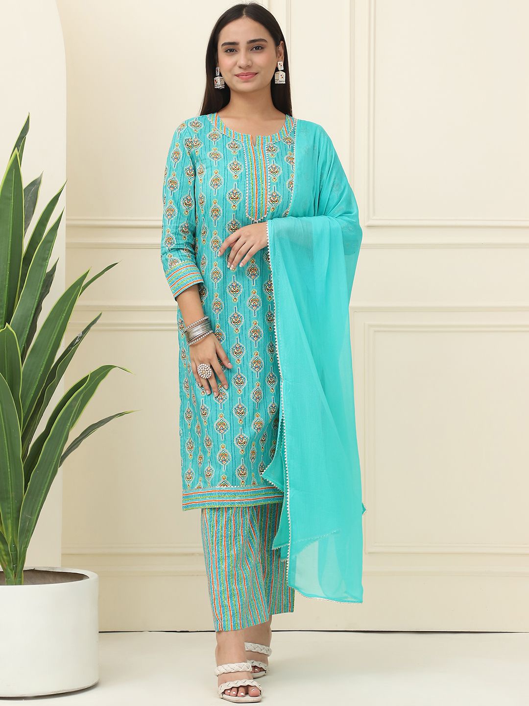 

BAESD Floral Printed Gotta Patti Work Pure Cotton Straight Kurta With Trouser & Dupatta, Turquoise blue