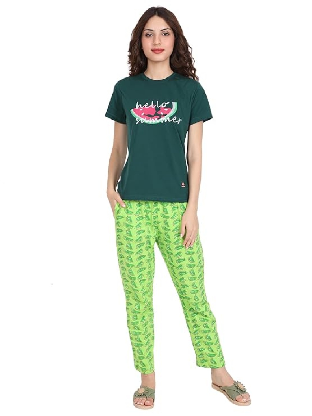 

evolove Women Printed Pure Cotton Night suit, Green